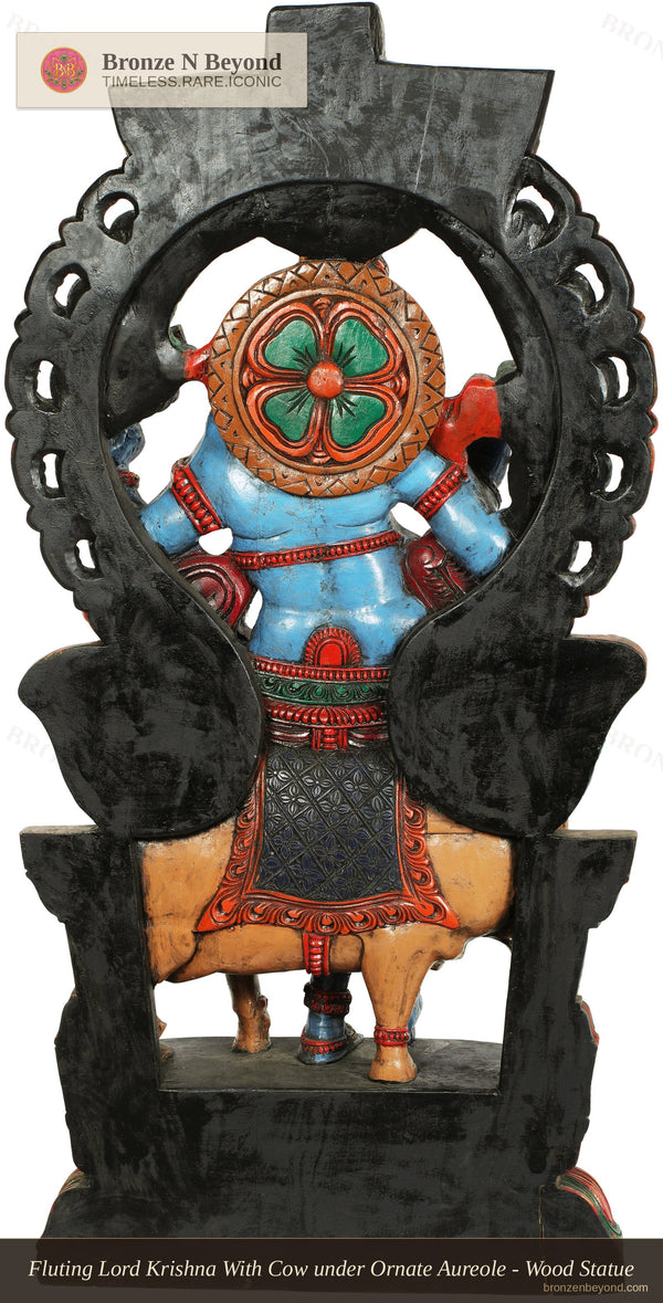 Fluting Lord Krishna With Cow under Ornate Aureole - Wood Statue