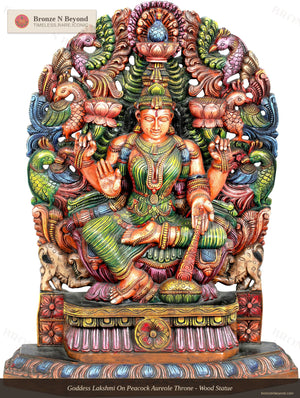 Goddess Lakshmi On Peacock Aureole Throne - Wood Statue