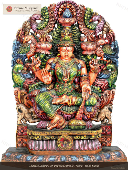 Goddess Lakshmi On Peacock Aureole Throne - Wood Statue