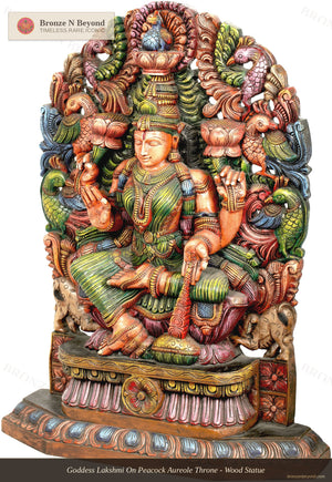 Goddess Lakshmi On Peacock Aureole Throne - Wood Statue