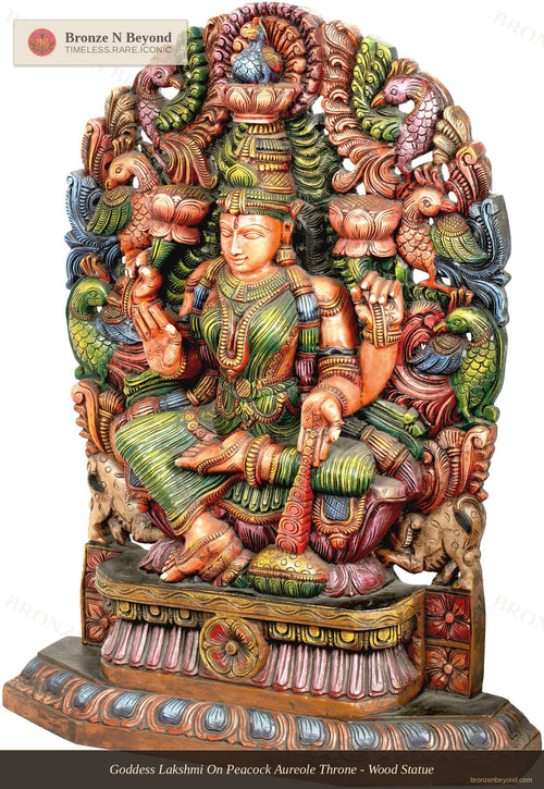 Goddess Lakshmi On Peacock Aureole Throne - Wood Statue