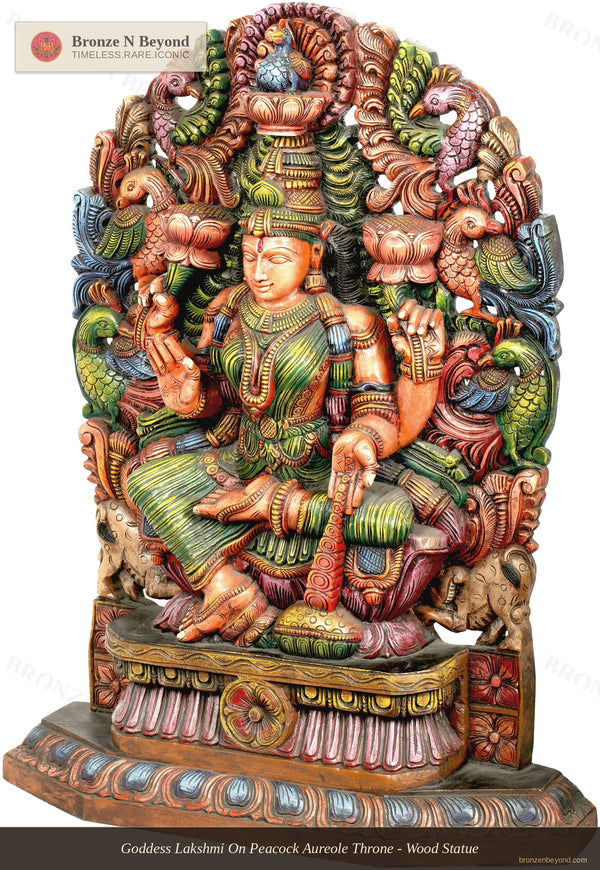 Goddess Lakshmi On Peacock Aureole Throne - Wood Statue