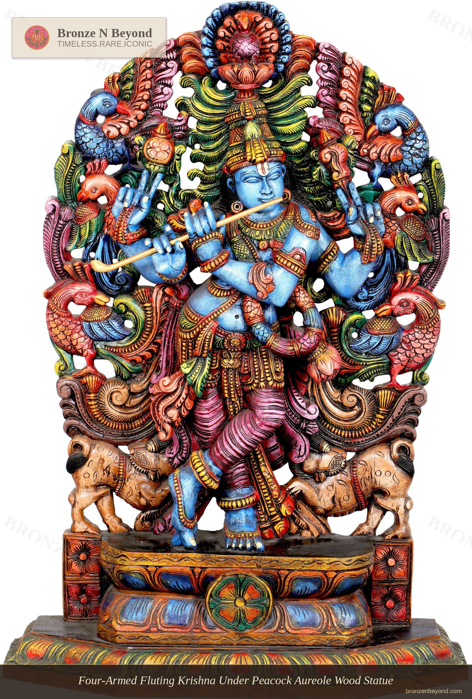 Four-Armed Fluting Krishna Under Peacock Aureole Wood Statue