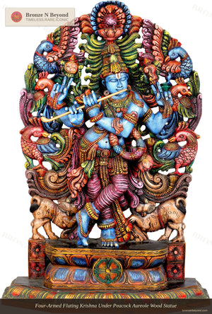 Four-Armed Fluting Krishna Under Peacock Aureole Wood Statue