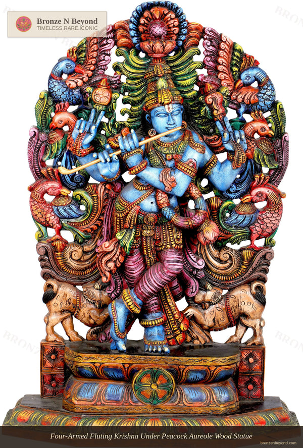 Four-Armed Fluting Krishna Under Peacock Aureole Wood Statue