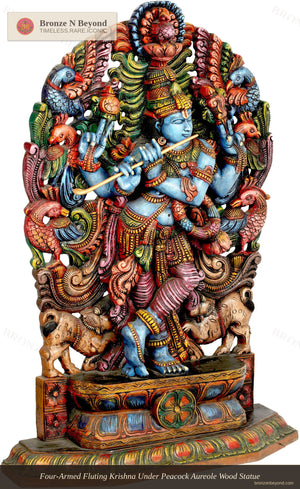 Four-Armed Fluting Krishna Under Peacock Aureole Wood Statue