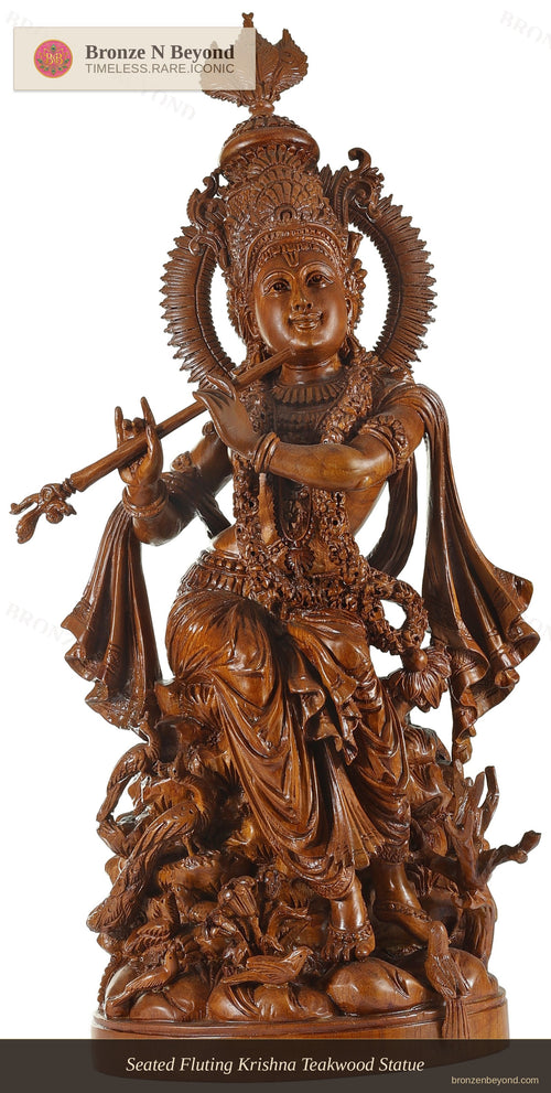 Seated Fluting Krishna Teakwood Statue