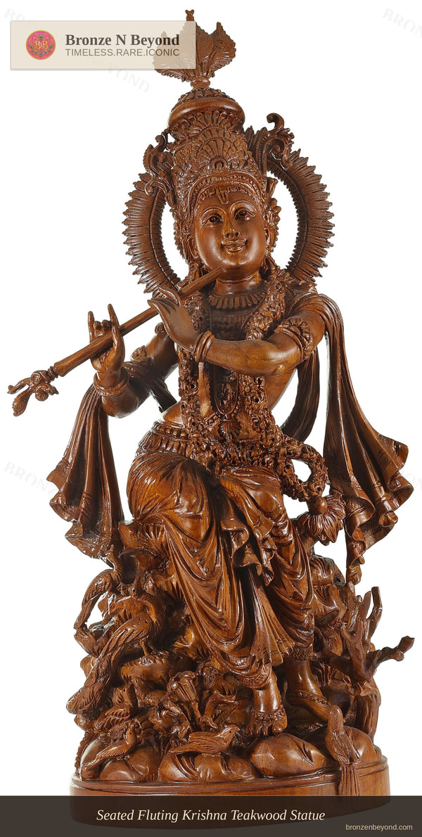 Seated Fluting Krishna Teakwood Statue