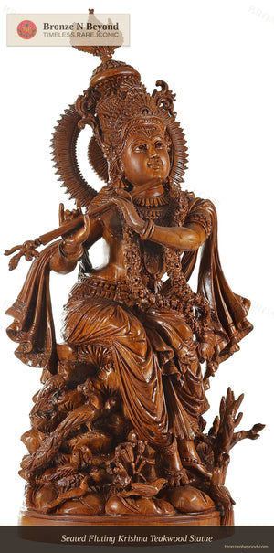 Seated Fluting Krishna Teakwood Statue