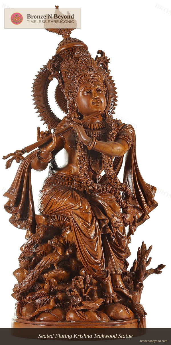 Seated Fluting Krishna Teakwood Statue