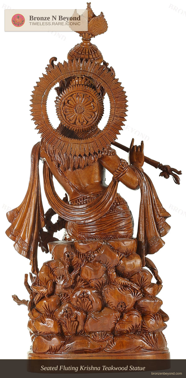 Seated Fluting Krishna Teakwood Statue