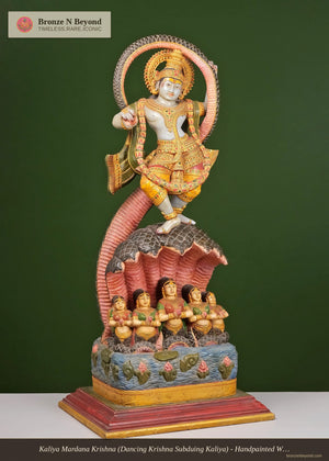 Kaliya Mardana Krishna (Dancing Krishna Subduing Kaliya) - Handpainted Wood Statue