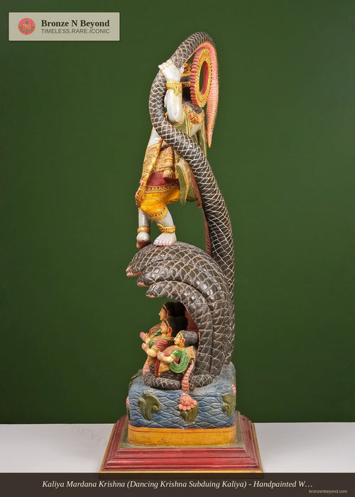 Kaliya Mardana Krishna (Dancing Krishna Subduing Kaliya) - Handpainted Wood Statue
