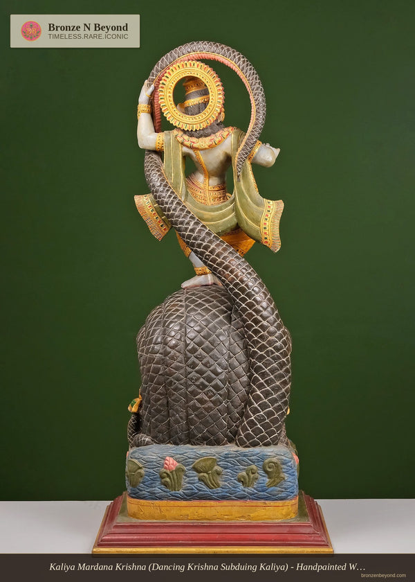 Kaliya Mardana Krishna (Dancing Krishna Subduing Kaliya) - Handpainted Wood Statue