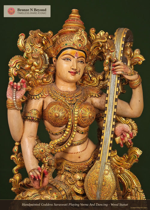 Handpainted Goddess Saraswati Playing Veena And Dancing - Wood Statue