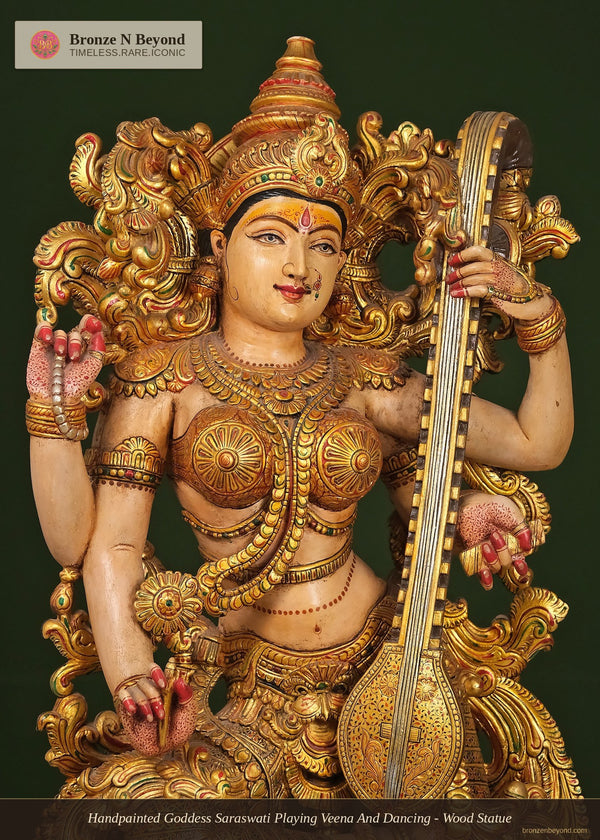 Handpainted Goddess Saraswati Playing Veena And Dancing - Wood Statue