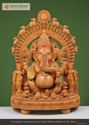 Sri Ganesha in Lalitasana On Lotus Throne With Sun Emblem On Top - Wood Statue
