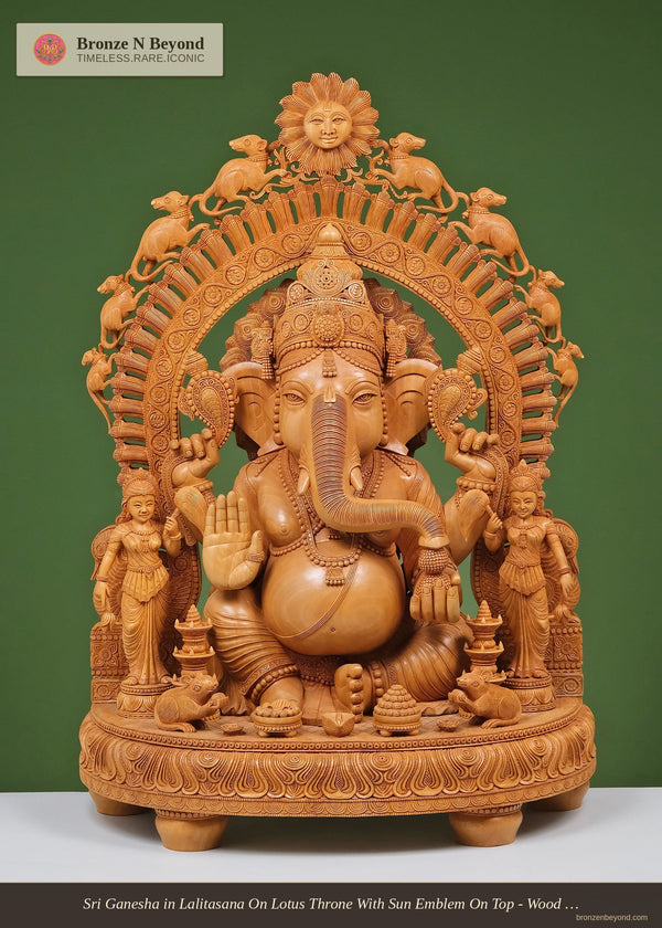 Sri Ganesha in Lalitasana On Lotus Throne With Sun Emblem On Top - Wood Statue