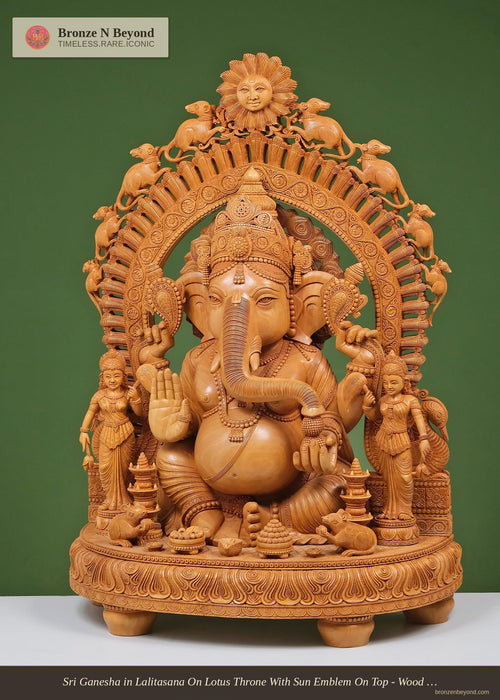 Sri Ganesha in Lalitasana On Lotus Throne With Sun Emblem On Top - Wood Statue