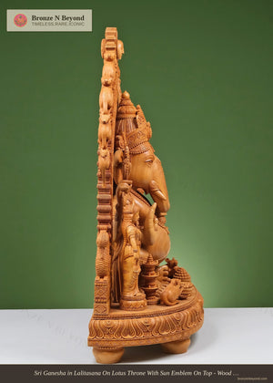 Sri Ganesha in Lalitasana On Lotus Throne With Sun Emblem On Top - Wood Statue