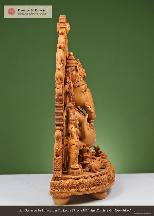 Sri Ganesha in Lalitasana On Lotus Throne With Sun Emblem On Top - Wood Statue