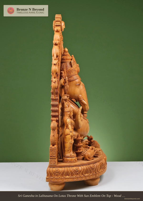 Sri Ganesha in Lalitasana On Lotus Throne With Sun Emblem On Top - Wood Statue