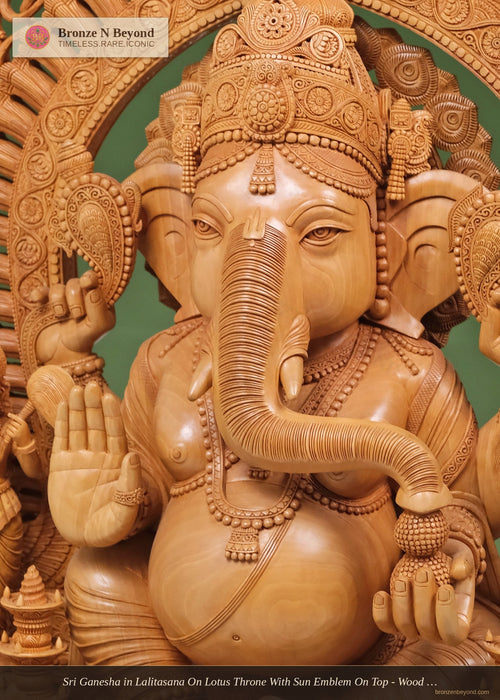Sri Ganesha in Lalitasana On Lotus Throne With Sun Emblem On Top - Wood Statue