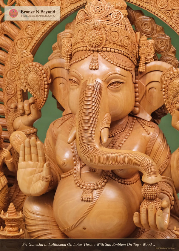 Sri Ganesha in Lalitasana On Lotus Throne With Sun Emblem On Top - Wood Statue