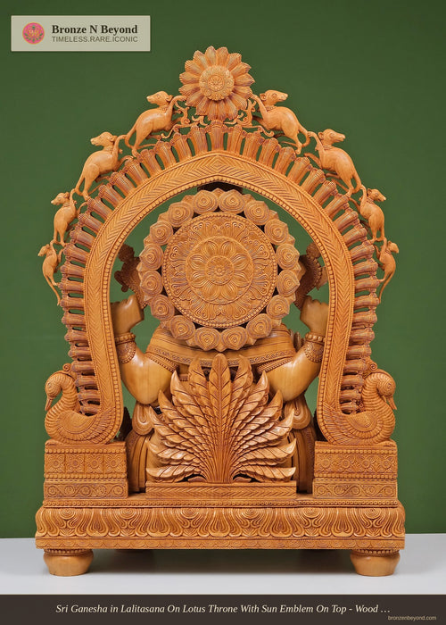 Sri Ganesha in Lalitasana On Lotus Throne With Sun Emblem On Top - Wood Statue