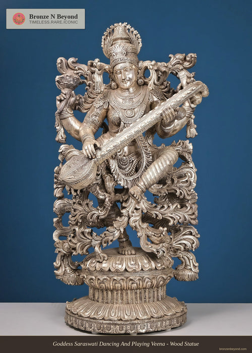 Goddess Saraswati Dancing And Playing Veena - Wood Statue