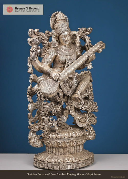 Goddess Saraswati Dancing And Playing Veena - Wood Statue
