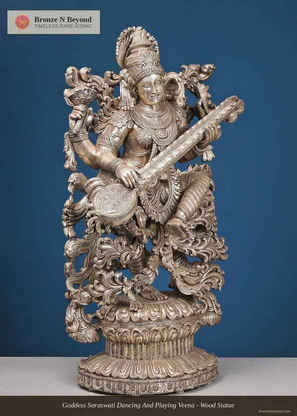 Goddess Saraswati Dancing And Playing Veena - Wood Statue