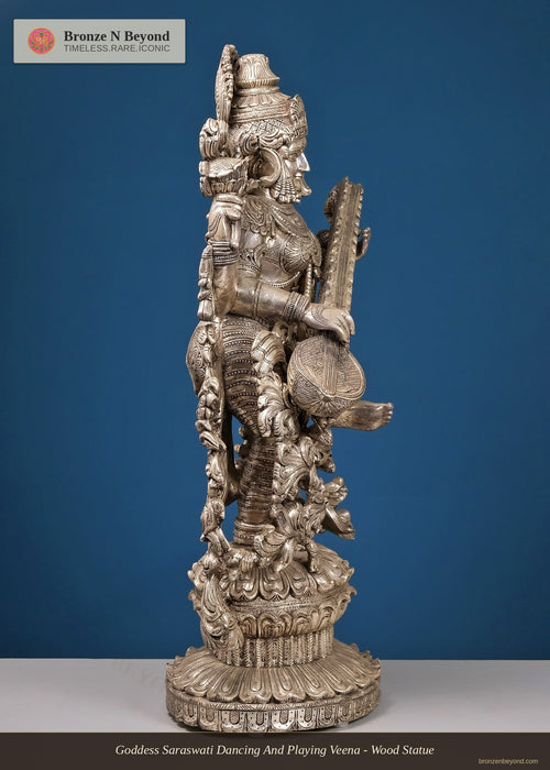 Goddess Saraswati Dancing And Playing Veena - Wood Statue