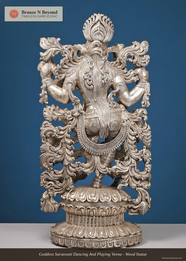 Goddess Saraswati Dancing And Playing Veena - Wood Statue