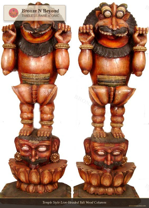 Temple Style Lion-Headed Yali Wood Columns