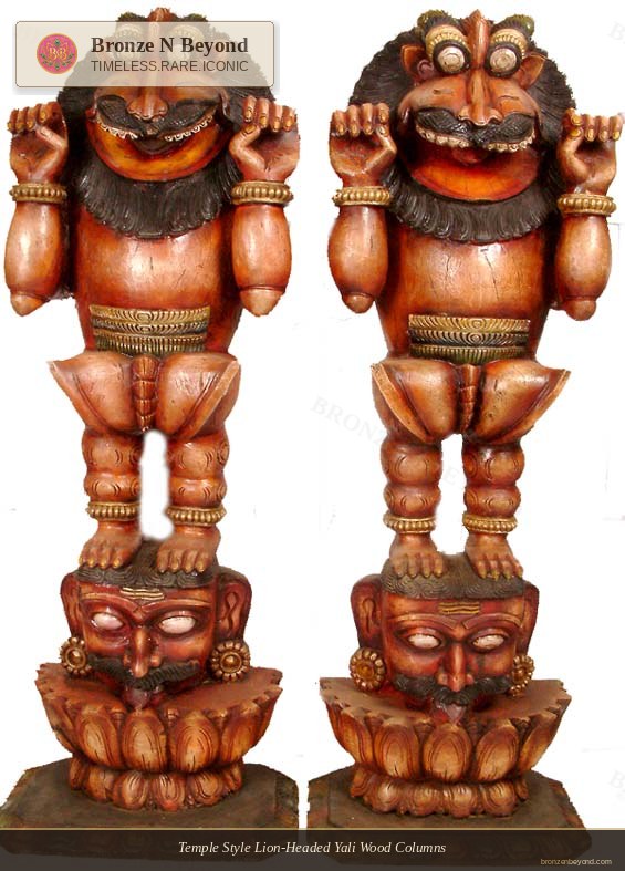 Temple Style Lion-Headed Yali Wood Columns