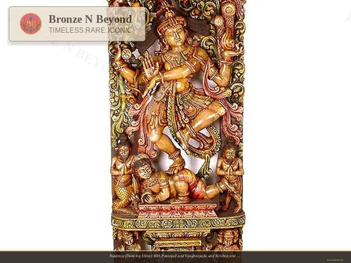 Decorative wall art with a figurine of a deity and attendants on a white background