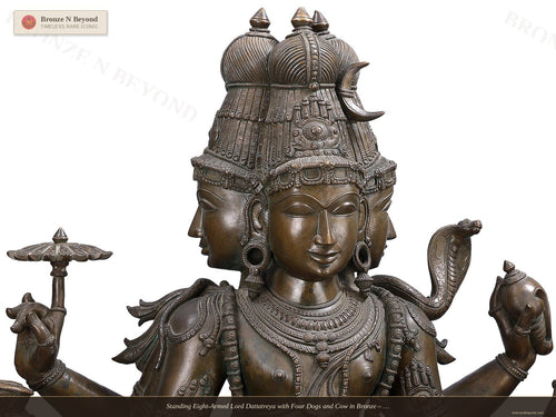 Standing Eight-Armed Lord Dattatreya with Four Dogs and Cow in Bronze – Swamimalai, Tamil Nadu