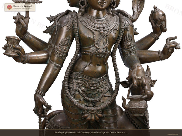 Standing Eight-Armed Lord Dattatreya with Four Dogs and Cow in Bronze – Swamimalai, Tamil Nadu