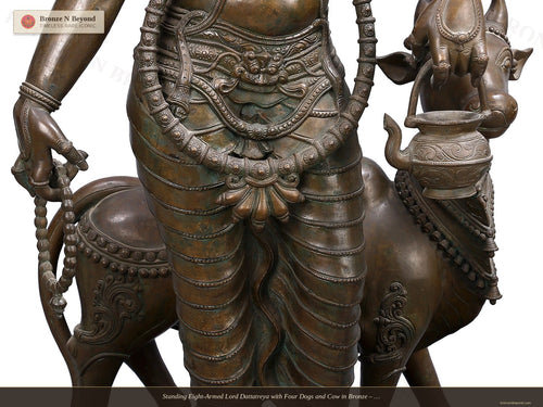 Standing Eight-Armed Lord Dattatreya with Four Dogs and Cow in Bronze – Swamimalai, Tamil Nadu
