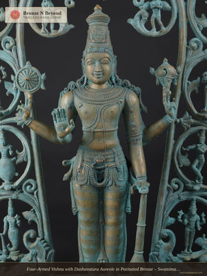 Four-Armed Vishnu with Dashavatara Aureole in Patinated Bronze – Swamimalai, Tamil Nadu