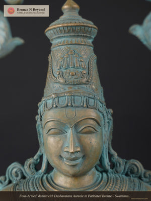 Four-Armed Vishnu with Dashavatara Aureole in Patinated Bronze – Swamimalai, Tamil Nadu