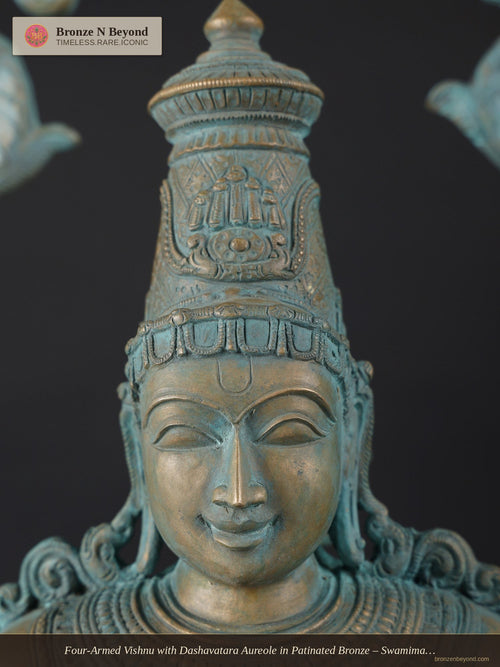 Four-Armed Vishnu with Dashavatara Aureole in Patinated Bronze – Swamimalai, Tamil Nadu