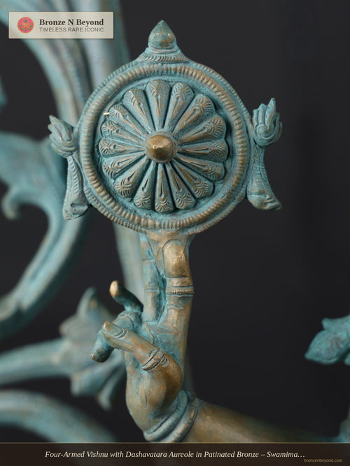 Four-Armed Vishnu with Dashavatara Aureole in Patinated Bronze – Swamimalai, Tamil Nadu
