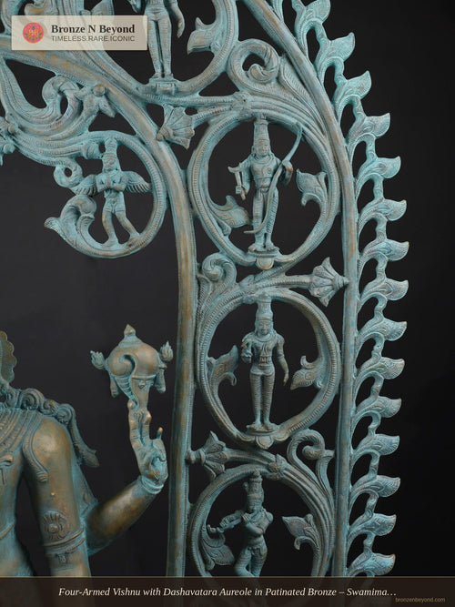 Four-Armed Vishnu with Dashavatara Aureole in Patinated Bronze – Swamimalai, Tamil Nadu