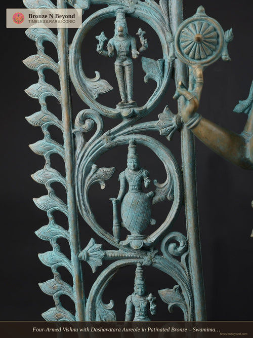 Four-Armed Vishnu with Dashavatara Aureole in Patinated Bronze – Swamimalai, Tamil Nadu