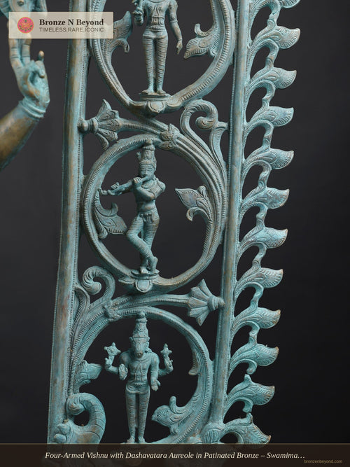 Four-Armed Vishnu with Dashavatara Aureole in Patinated Bronze – Swamimalai, Tamil Nadu