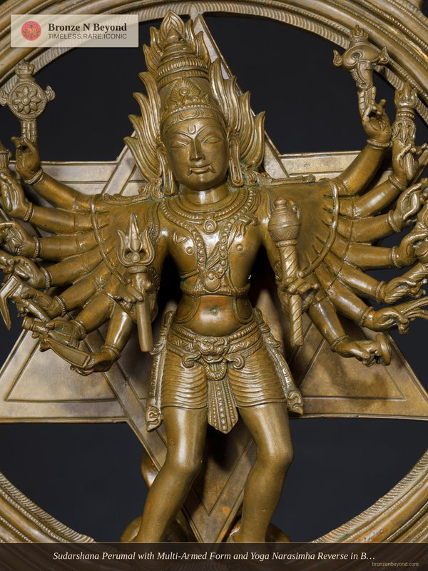 Sudarshana Perumal with Multi-Armed Form and Yoga Narasimha Reverse in Bronze – Swamimalai, Tamil Nadu