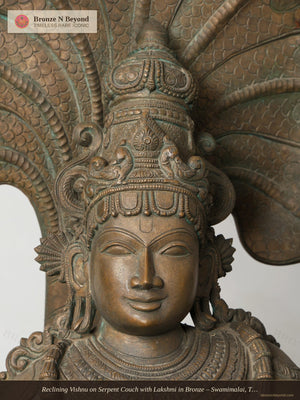 Reclining Vishnu on Serpent Couch with Lakshmi in Bronze – Swamimalai, Tamil Nadu