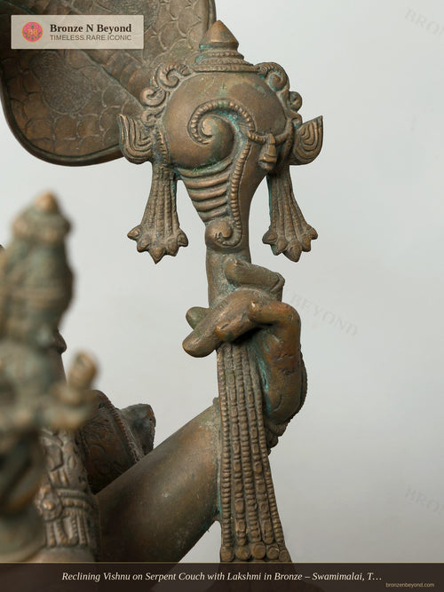 Reclining Vishnu on Serpent Couch with Lakshmi in Bronze – Swamimalai, Tamil Nadu